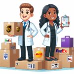 White man and Black woman in lab coats standing on shipping boxes.